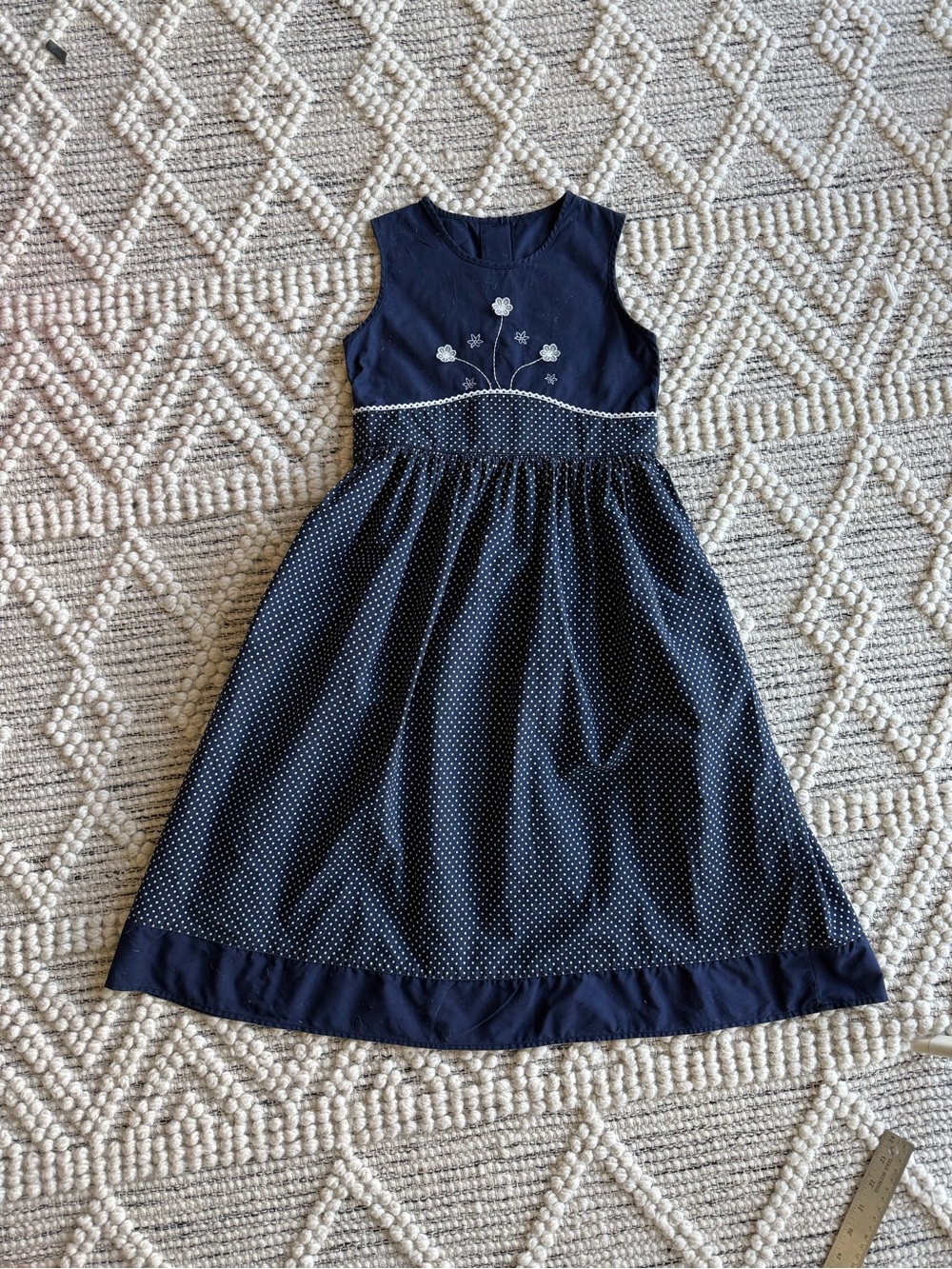 Girls Navy Polka Dot Embroidered appliqué Dress